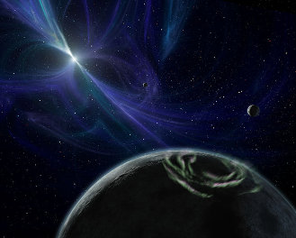 Artist's impression of extrasolar planets in the pulsar, PSR B1257+12. (2006) From NASA/JPL-Caltech/R. Hurt (SSC), via Wikimedia Commons, used w/o permission.