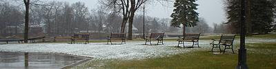 Band shell benches and the season's first snow.