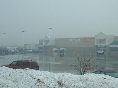Fog, snow, and Sauk Centre's Wal-Mart