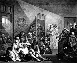 William Hogarth's 'A Rake's Progress' Plate 8 ' In The Madhouse'. (1735 (original engraving), 1763 (retouched by Hogarth, adding Britannia on wall))