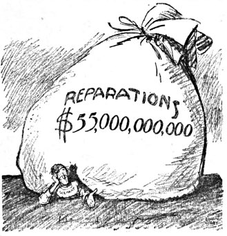 New York World's political cartoon, presenting reparations demanded of Germany as unreasonable. (ca. 1921) via Wikimedia Commons, used w/o permission.