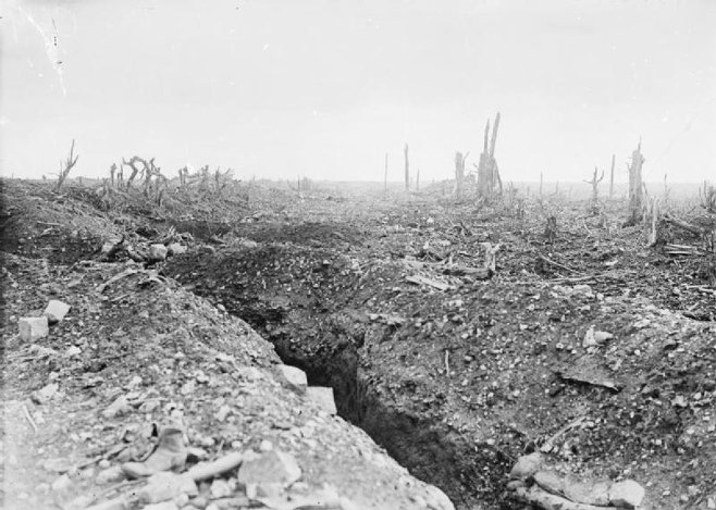 Ernest Brooks' photo: main road to Bapaume through Pozieres, part-way through the of the Somme. (September 20, 1916) via Wikimedia Commons, used w/o permission.