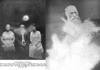 Photoshoped before Photoshop: (left), photograph taken July 24, 1924, print with Stanley De Brath and (alleged) spirit face of Gustav Geley, from Stanley De Brath's 'The Physical Phenomena of Spiritualism' (1930); (right) alleged spirit photograph of the spiritualist Thomas Everitt, from John Lobb's 'The Busy Life Beyond Death, From the Voice of the Dead'. (1909) via Wikipedia, used w/o permission