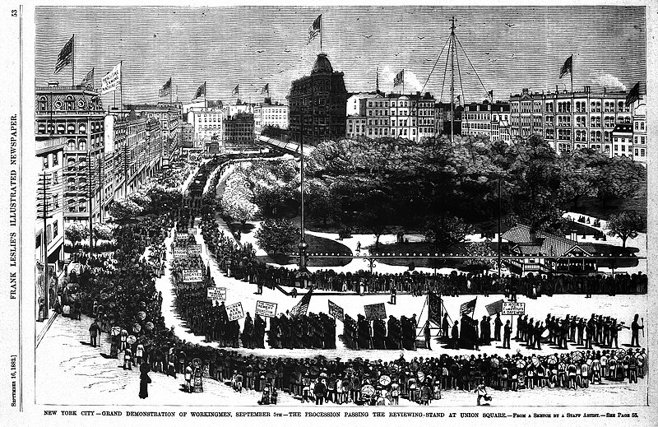 Frank Leslie's Illustrated Newspaper's illustration; September 16, 1882: first American Labor parade, held in New York City on September 5, 1882.