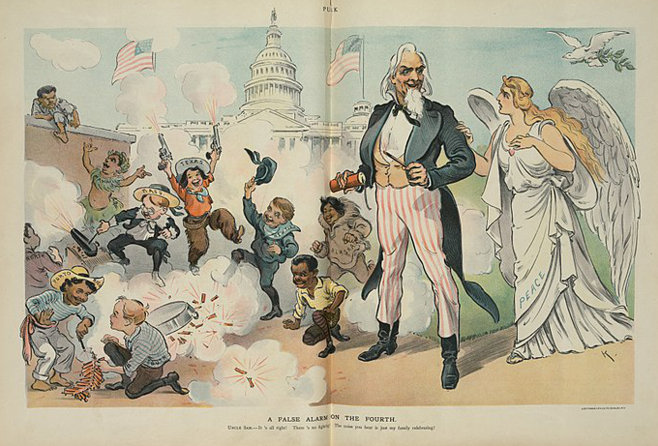 Udo Keppler's 'False Alarm on the Fourth' cartoon for Puck. Uncle Sam tells Lady Peace: 'It's all right. There's no fighting. The noise you hear is just my family celebrating!' (1902)