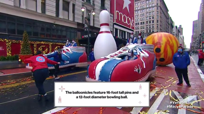 Go_Bowling balloonicles at the Macy's Thanksgiving Day Parade: a 12-foot bowling ball, 16-foot pins and Brobdingnagian bowling shoes. (November 9, 2020) via Verizon, used w/o permission. see https://macysthanksgiving.fandom.com/wiki/Go_Bowling