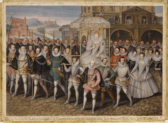 George Vertue's Procession portrait of Elizabeth I of England with the Knights of the Garter. (ca. 1601) from Sotheby's, via Wikimedia Commons, used w/o permission.