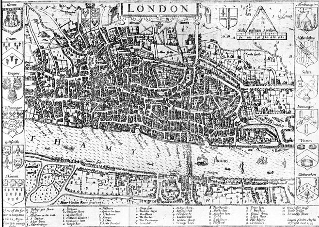 John Norden's map of London, from 'Speculum Britanniae. The first parte. An historicall and chronographicall description of Middlesex.' (1593) via Wikimedia Commons, used w/o permission.