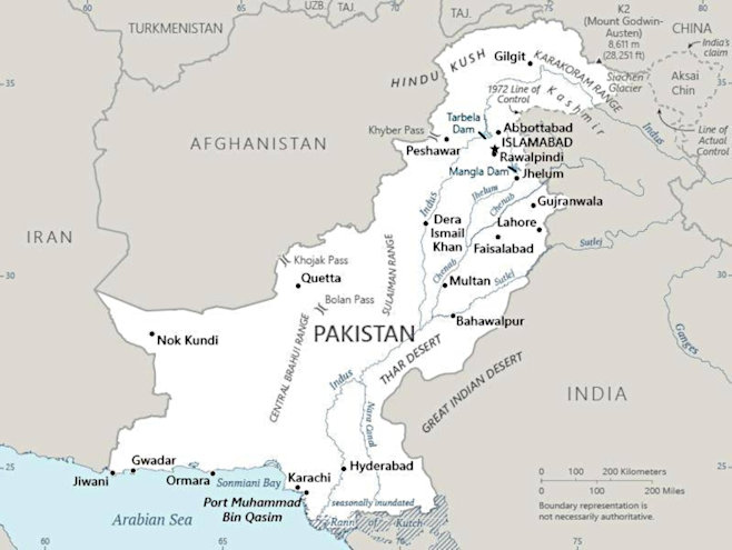 The World Factbook 2021's map of Pakistan, showing major cities plus parts of surrounding countries and the Arabian Sea. Central Intelligence Agency (2021)