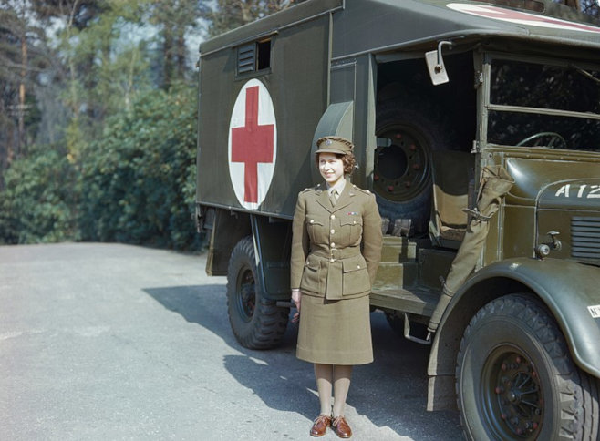 British Ministry of Information official's photo of Princess Elizabeth in the Auxiliary Territorial Service. (April 1945)