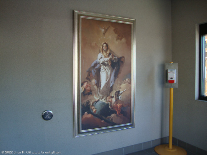 Our Lady of the Angels, Sauk Centre, Minnesota: west entrance. Picture is a print of Tiepolo's 'The Immaculate Conception.' (1767-1768)