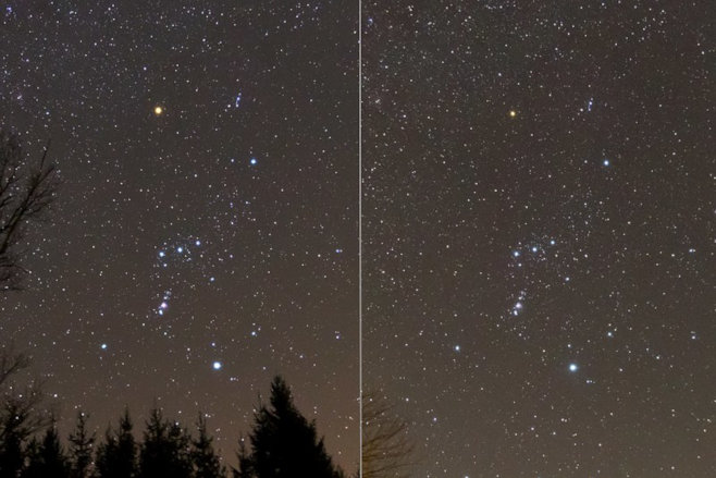 H. Raab's photos: the constellation Orion, showing changing brightness of Betelgeuse (Orion's right shoulder), (February 22, 2012 (left); February 21, 2020 (right). via Wikipedia, used w/o permission.