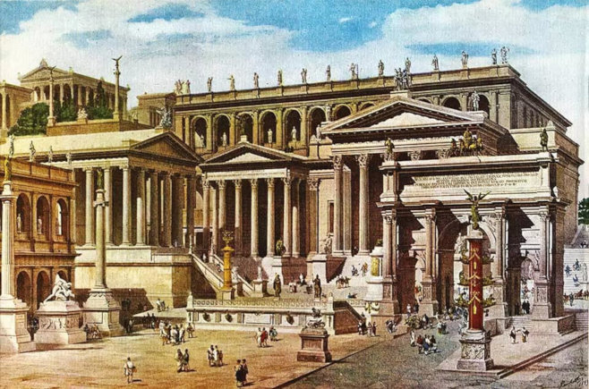 Giuseppe Becchetti's drawing of the Roman Forum. (1893) colorized, via Dan's Roman History, Facebook, used w/o permission.
