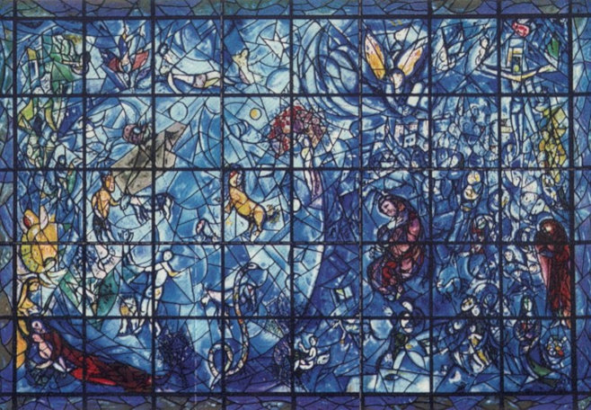 Marc Chagall's memorial 'Peace Window', free-standing piece of stained glass. (ca. 1963-1964)