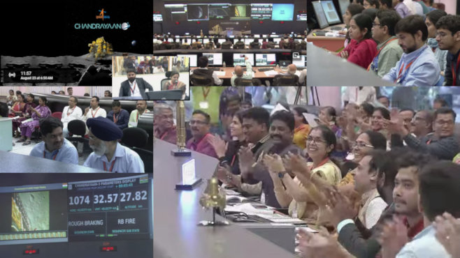 Collage: frames from ISRO's YouTube coverage of Chandrayaan-3 Vikram successful landing near Lunar south pole. (August 23, 2023)