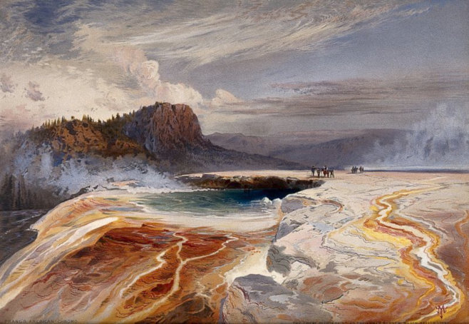 Louis Prang's L. Prang and Co. lithograph (ca. 1875); from Thomas Moran's 'The Great Blue Spring of the Lower Geyser basin, Yellowstone National Park' (1874).
