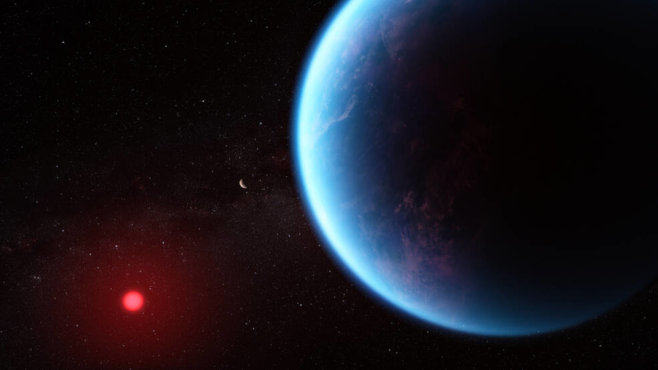 Artist's concept; NASA, CSA, ESA, J. Olmsted (STScI), Science: Nikku Madhusudhan (IoA) Madhusudhan (Cambridge University); via NASA.gov: 'This illustration shows what exoplanet K2-18 b could look like based on science data. K2-18 b, an exoplanet 8.6 times as massive as Earth, orbits the cool dwarf star K2-18 in the habitable zone and lies 120 light years from Earth.' (September 11, 2023)