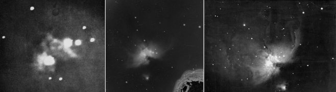 Three early astrophotos of the Orion Nebula. Left to right: Henry Draper (1880), Henry Draper (1882), Andrew Ainslie Common (1883).