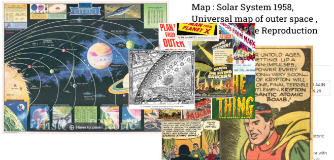 1958 Solar System poster, 1888 wood engraving for Flammarion's pop science book, B movies, Superman comics. (https://dc.fandom.com/wiki/Kryptonian_Science_Council http://sacomics.blogspot.com/2010/11/jor-els-life-story.html)