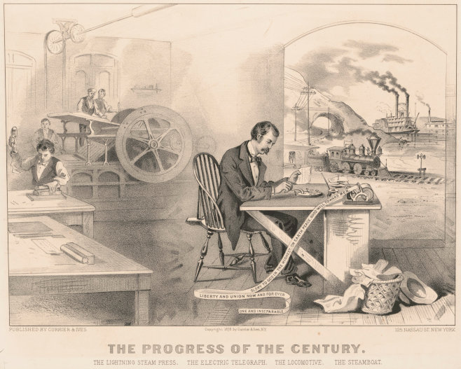 Currier and Ives: 'The progress of the century - the lightning steam press, the electric telegraph, the locomotive, [and] the steamboat'. (ca. 1876)