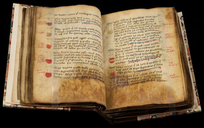 From Cambridge University Libraries: a 15th-century medical manuscript describing a diagnostic method: colors of urine along with their associated ailments. Via Smithsonian Magazine, used w/o permission.