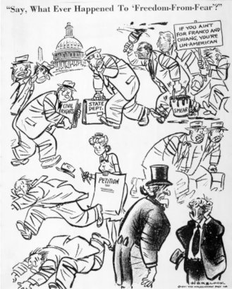 Herb Block political cartoon: 'Say, what ever happened to 'freedom-from-fear'?' (August 13, 1951, during McCarthyism) published in Washington Post; see https://www.loc.gov/exhibits/herblocks-history/fire.html