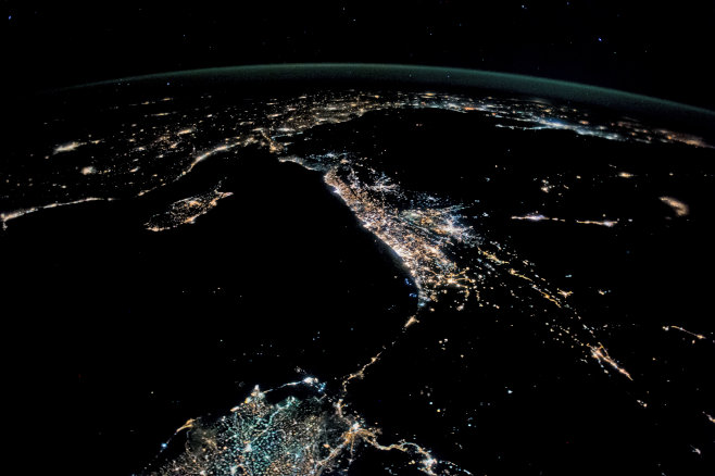 Photo taken by a member of the ISS Expedition 53 crew: '...the sweep of the coastline of the eastern Mediterranean Sea. The cluster of lights at image center includes the major population centers of the Levant. The brightest lights are the cities of Tel Aviv in Israel, Amman in Jordan, and Beirut in Lebanon.....' (September 28, 2017)