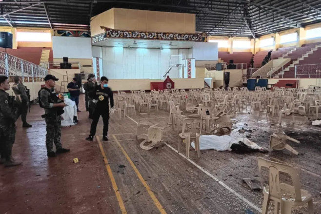 Provincial Government of Lanao Del Sur's photo, via Al Jazeera/Facebook: Mindanao State University's gymnasium in Marawi, after a bomb exploded during a First Sunday of Advent Mass. (December 3, 2023)