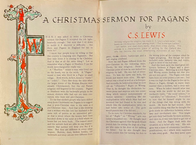 First two pages of 'A Christmas Sermon for Pagans', C. S. Lewis, Strand Magazine Vol. 112, Issue 672 (December 1946). Illustrations by Ronald Searle. via Breathe, the blog of Crystal Kirgiss December 23, 2022 - Breathe the blog of Crystal Kirgiss - ckirgis