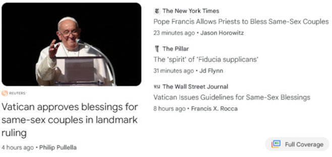 Headlines, including New York Times 'Pope Francis Allows Priests to Bless Same-Sex Couples'. (December 18, 2023)