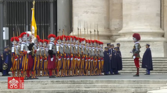Screenshot from Vatican News video of the Swiss Guard at at 