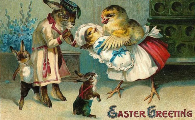Paw Rabbit, Maw - Rabbit?? Chicken?? Two Young Rabbits and - a baby chick. (Victorian Easter Card)