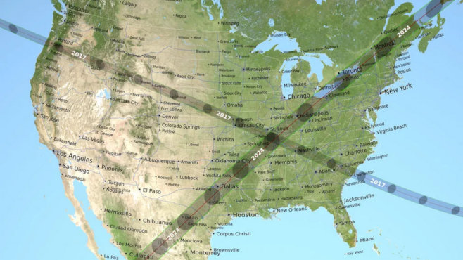 Ernest Wright/NASA's Scientific Visualization Studio's map, showing 'the path of the 2017 total solar eclipse, crossing from Oregon to South Carolina, and the 2024 total solar eclipse, crossing from Mexico into Texas, up to Maine, and exiting over Canada'. (2024)