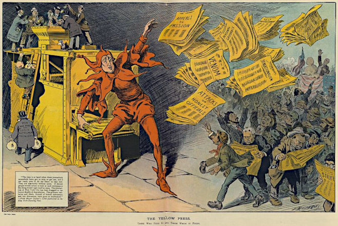 Louis M. Glackens' cartoon in Punch: 'The Yellow Press'. William Randolph Hearst as a jester tossing newspapers with headlines such as 'Appeals to Passion, Venom, Sensationalism, Attacks on Honest Officials, Strife, Distorted News, Personal Grievance, Misrepresentation' to a crowd of eager readers, among them an anarchist assassinating a politician speaking from a platform draped with American flags; on the left, men labeled 'Man who buys the comic supplement for the kids, Businessman, Gullible Reformer, Advertiser, and Decent Citizen' carry bags of money that they dump into Hearst's printing press'. (October 12, 1910)