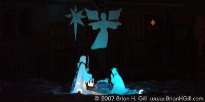 A quiet, glowing blue Christmas display in Sauk Centre, Minnesota
