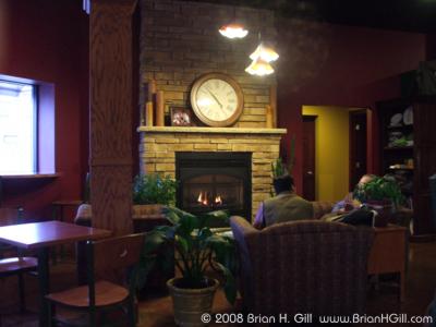 Relaxing by the fire at Jitters Java, Sauk Centre, Minnesota.