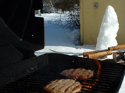 Grilling in Minnesota: sunshine, burgers on the grill, and about a half-foot of snow on the ground