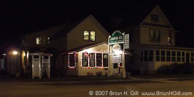 Main Street Coffee Company, lit up for Christmas in Sauk Centre, Minnesota