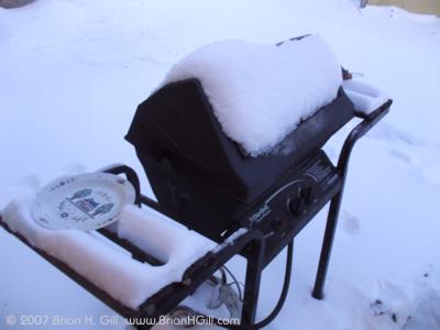 Snow-covered grill in Sauk Centre, Minnesota
