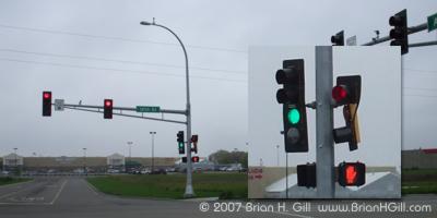 Rumpled traffic lights at 12th and Ash, Sauk Centre, Minnesota